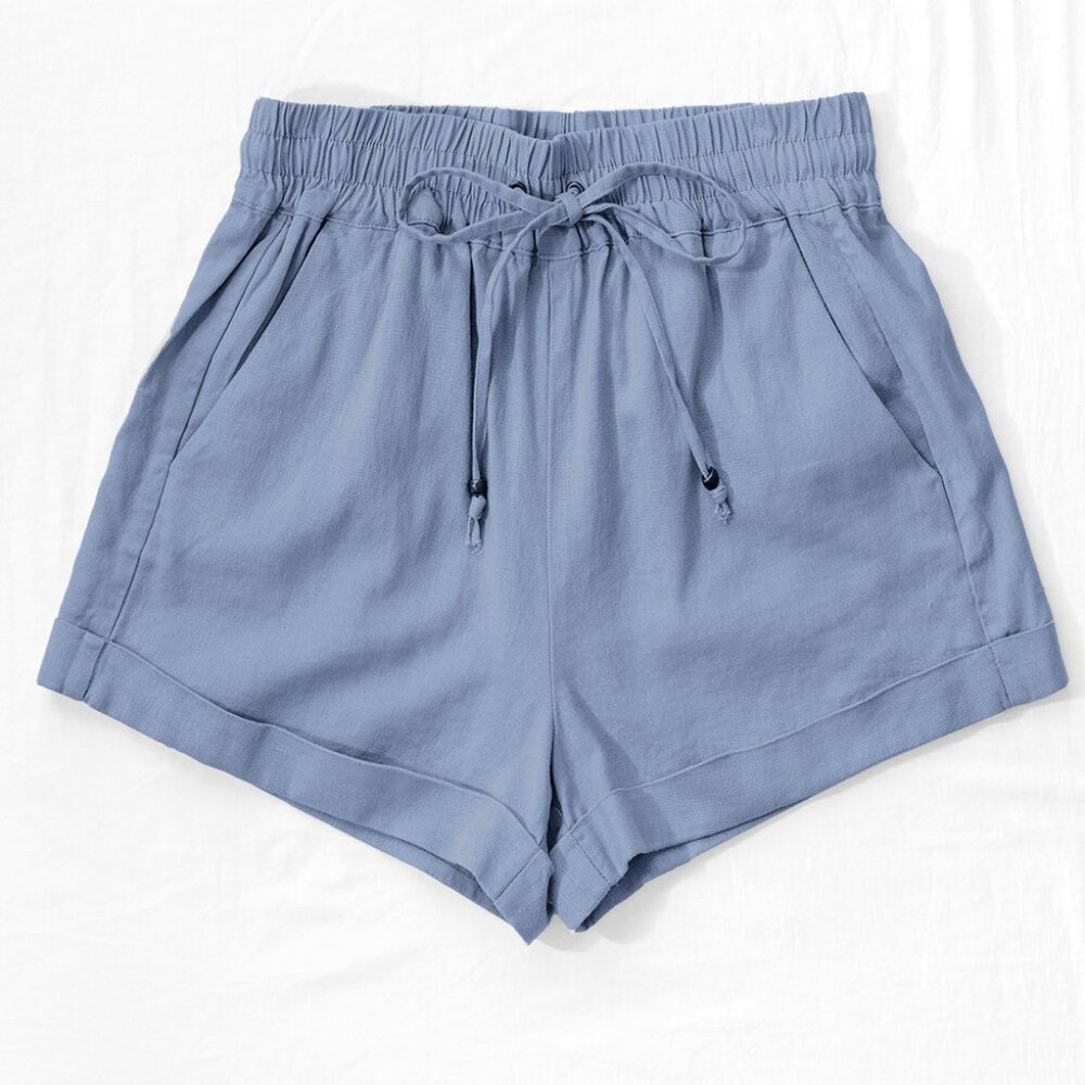 Blue Stone Linen Waistband Shorts with String Tie